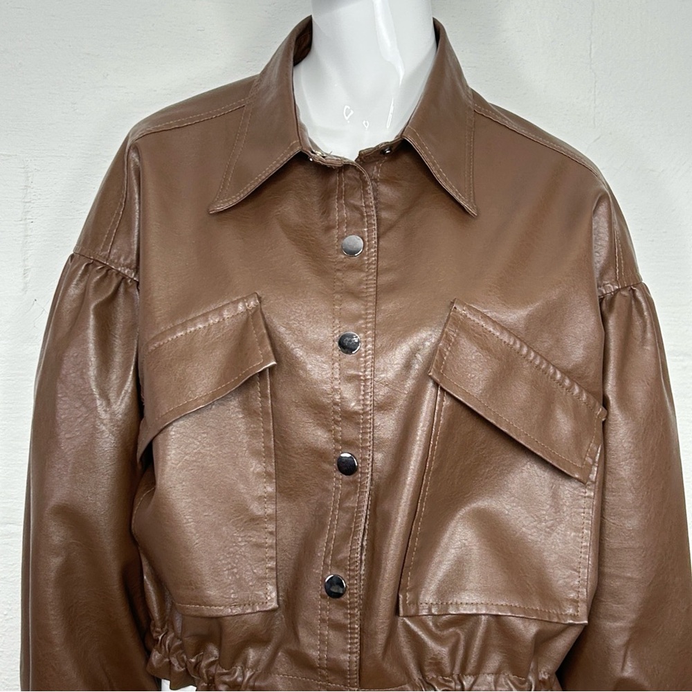 Women's Brown Bomber Jacket Size S/M Big Pockets Vegan Leather